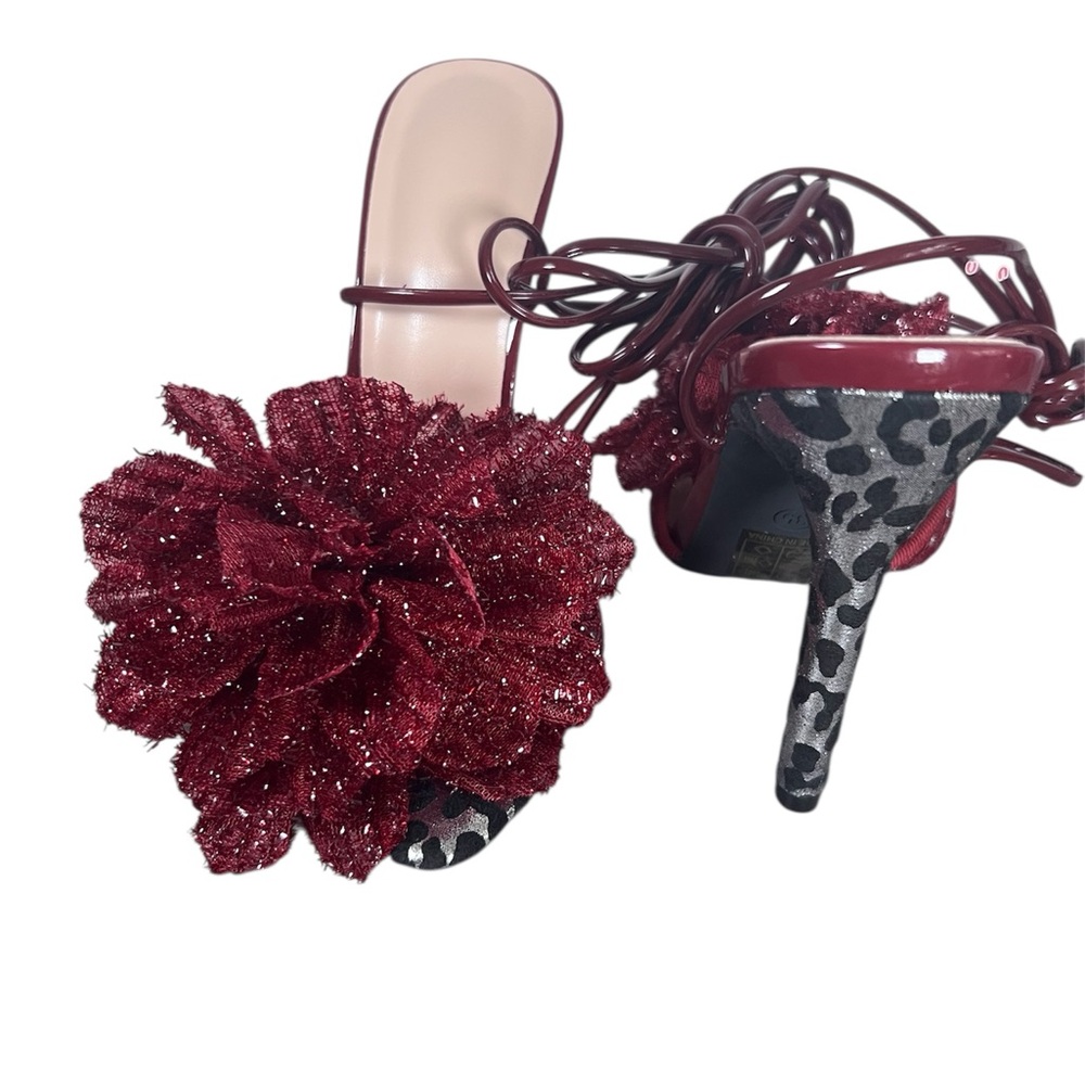 Elegant Red Floral Women's Open Toe Heels Size 5 (EU 35)